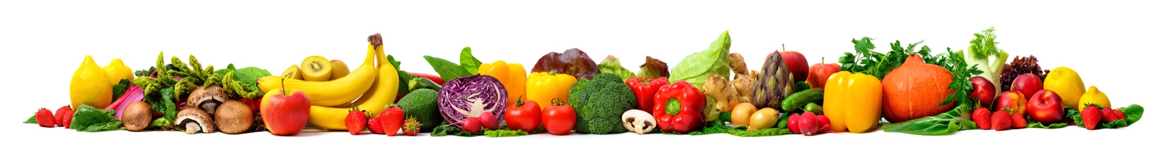 Lange Reihe aus frischem Obst und Gemüse — Zitronen, Spargel, Bananen, Paprika, Kürbis und Beeren